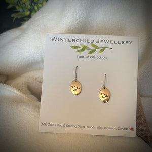 Raven Sunrise Oval Earrings in 14k gold-fill and sterling silver, close-up view showing detailed craftsmanship