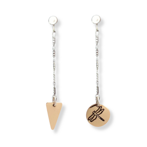 14 karat gold-fill and sterling silver Sunrise Geometric Earrings.  Dragonfly symbol pictured here.