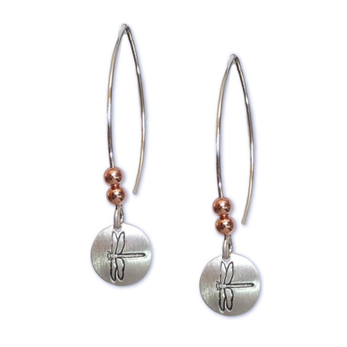 Silver mini circle earrings, small silver disk with copper beads.  Dragonfly image shown here.