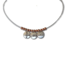 Silver mini circles necklace.  3 small silver disks with copper beads.  Dragonfly image shown here.