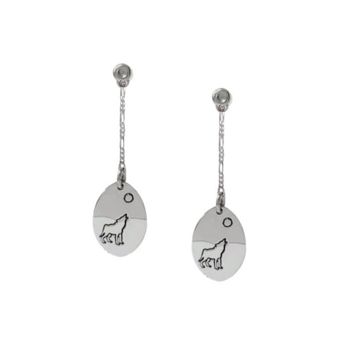 Sterling silver dangling oval earrings with Canadian symbols.  Wolf symbol pictured here.