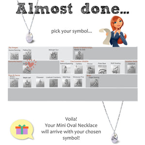 Explanation that you can pick a symbol to be imprinted in the silver  mini oval necklace  