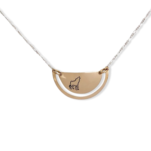 14 karat gold-fill and sterling silver Sunrise Ulu Necklace.   Wolf symbol pictured here.