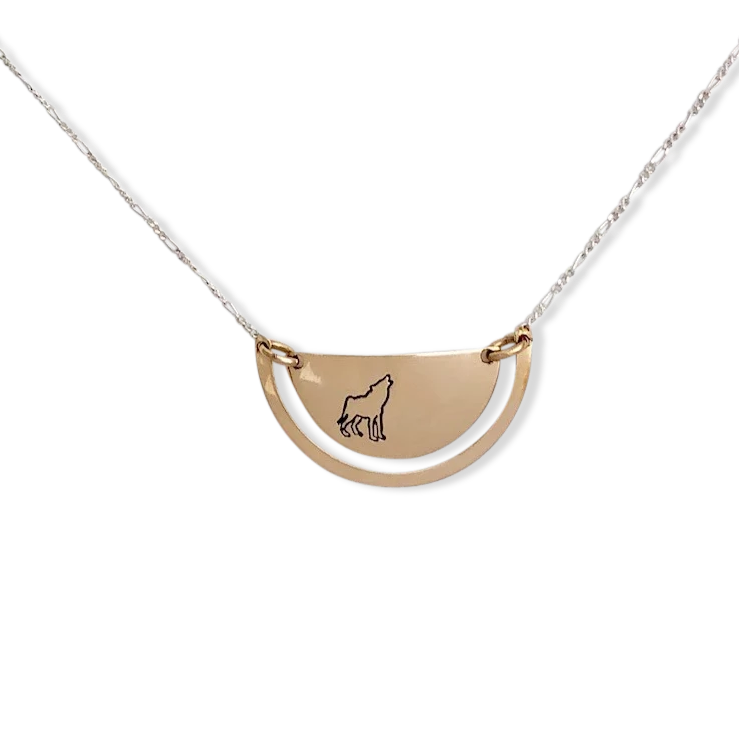 14 karat gold-fill and sterling silver Sunrise Ulu Necklace.   Wolf symbol pictured here.