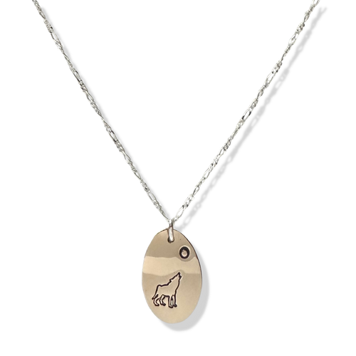 Vertical Oval Gold Filled Pendant with a Wolf symbol, on a sterling silver chain.