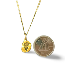 Gold nugget Arnica (northern daisy) pendant on 10 karat gold chain photo with dime to show scale