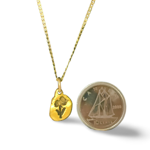 Gold nugget Arnica (northern daisy) pendant on 10 karat gold chain photo with dime to show scale