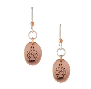 Copper and sterling silver oval earrings with Canadian symbols.  Dog paw print symbol pictured here.