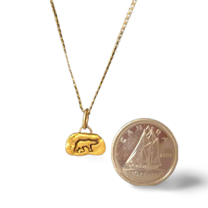 r pendant on 10 karat gold chain photo with dime to show scale