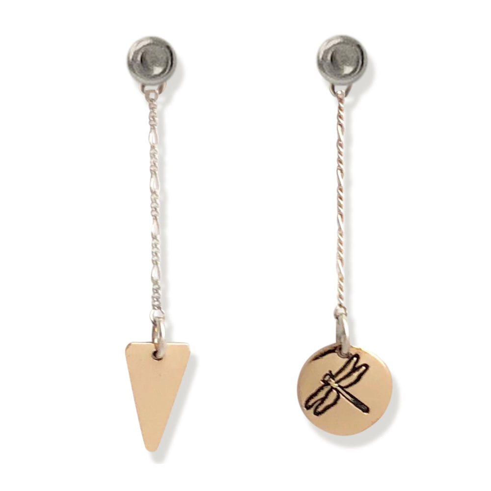 14 karat gold-fill and sterling silver Sunrise Geometric Earrings.  Dragonfly symbol pictured here.
