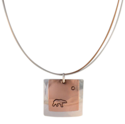 Copper and sterling silver square necklace with Canadian symbols.  Polar Bear symbol pictured here.