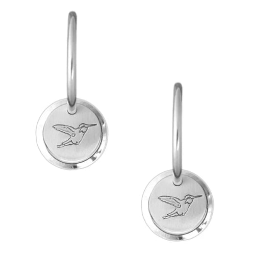 Sterling silver circle earrings with Canadian symbols.  Hummingbird pictured here.